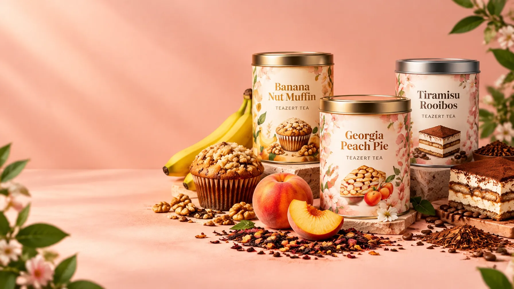 Teazert Tea tins with banana muffin, peaches, tea leaves, and dessert